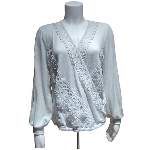 INC International Concepts Tops - INC International Concepts White Lace Trim Wrap Top Petite Medium PM Long Sleeve